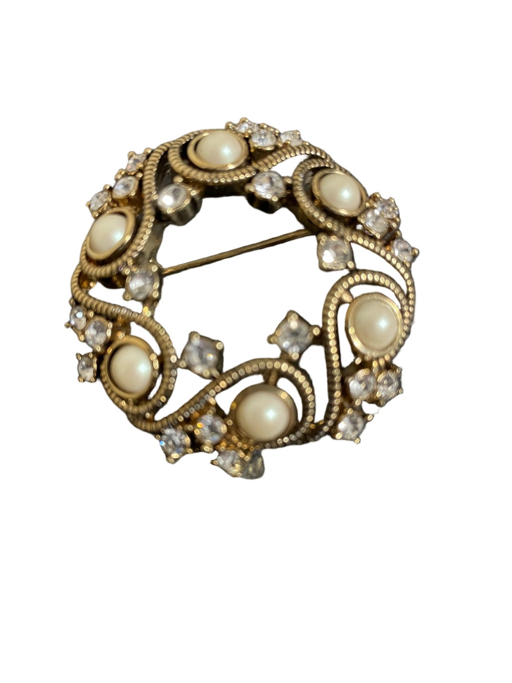 Vintage Monet Gold-Tone Pearl and Crystal Wreath Brooch